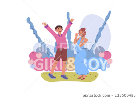 Gender party concept with cartoon people for web design. Pregnancy mother with father at baby shower reveal party, stand in pink and blue balloons, celebrating girl or boy birth. Vector illustration. Gender party concept with cartoon people for web design. Pregnancy mother with father at baby shower reveal party, stand in pink and blue balloons, celebrating girl or boy birth. Vector illustration. 133500483