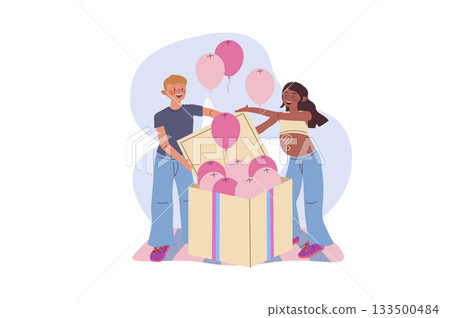 Gender party concept with cartoon people for web design. Pregnancy mother with father at baby shower reveal party, open huge box and pink balloons fly, celebrating birth of girl. Vector illustration. 133500484