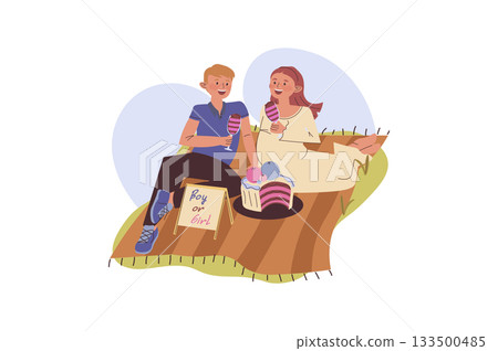 Gender party concept with cartoon people for web design. Pregnancy mother with father at baby reveal picnic, cut cake with glasses and show pink pieces, celebrating birth of boy. Vector illustration. 133500485