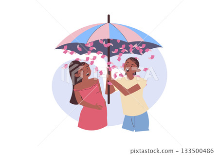 Gender party concept with cartoon people for web design. Pregnancy mother with young father at baby reveal shower party, open umbrella with pink ribbons, celebrating girl birth. Vector illustration. Gender party concept with cartoon people for web design. Pregnancy mother with young father at baby reveal shower party, open umbrella with pink ribbons, celebrating girl birth. Vector illustration. 133500486
