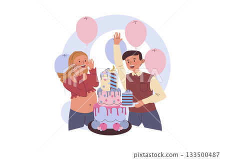 Gender party concept with cartoon people for web design. Pregnancy mother with young father at baby reveal shower party, cut cake and show blue piece, celebrating birth of boy. Vector illustration. Gender party concept with cartoon people for web design. Pregnancy mother with young father at baby reveal shower party, cut cake and show blue piece, celebrating birth of boy. Vector illustration. 133500487