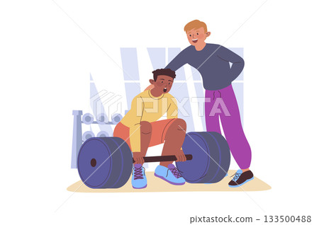 Fitness at gym concept with cartoon people for web design. Man lifting barbell and dumbbells, exercising with trainer. Diversity group in sport club bodybuilding with instructor. Vector illustration. Fitness at gym concept with cartoon people for web design. Man lifting barbell and dumbbells, exercising with trainer. Diversity group in sport club bodybuilding with instructor. Vector illustration. 133500488