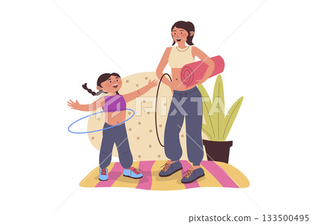 Family sport concept with cartoon people for web design. Mother and daughter doing exercises at home, training at yoga mat, spinning hula hoops and enjoying dynamic movements. Vector illustration. 133500495