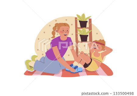 Family sport concept with cartoon people for web design. Mother and daughter doing exercises together at home, practising different workouts, developing strong body and energy. Vector illustration. 133500498