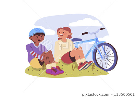 Children cycling concept with cartoon people for web design. Happy girl and boy in helmet riding bicycle outdoors, sitting at grass and talking, enjoying freedom and relaxing. Vector illustration. 133500501