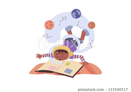 Children reading book concept with cartoon people for web design. Boy reads story with space exploration and imagining astronomy adventures, enjoying novel with planets and stars. Vector illustration. 133500517