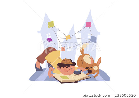 Children reading book concept with cartoon people for web design. Boy reads detective story, imagining literary adventures, enjoying novel and playing game with investigations. Vector illustration. Children reading book concept with cartoon people for web design. Boy reads detective story, imagining literary adventures, enjoying novel and playing game with investigations. Vector illustration. 133500520