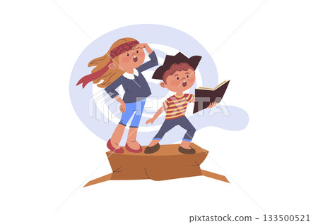 Children reading book concept with cartoon people for web design. Boy and girl read pirate story, imagining literary adventures, playing game together and enjoying fantasy novel. Vector illustration. Children reading book concept with cartoon people for web design. Boy and girl read pirate story, imagining literary adventures, playing game together and enjoying fantasy novel. Vector illustration. 133500521