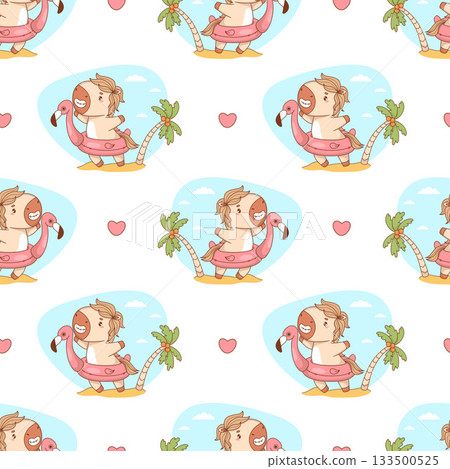 Seamless pattern Cute Summer Little Horse with inflatable pink flamingo on white background. Funny Cartoon Animal Pony Kawaii Beachgoer character vacation. Vector illustration. Kids collection. Not AI 133500525
