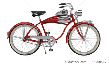 This vintage American cruiser bicycle showcases a unique streamlined design with an integrated headlamp in the front fender. Its shiny chrome details and classic lines exemplify retro charm. This vintage American cruiser bicycle showcases a unique streamlined design with an integrated headlamp in the front fender. Its shiny chrome details and classic lines exemplify retro charm. 133500567