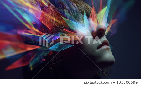 Vibrant Neon Shards Across a Face Abstract Light Portrait of Color, Fantasy, and Imagination 133500599