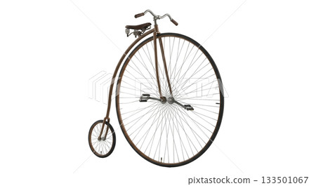 This classic high wheel bicycle showcases a large front wheel and a smaller rear wheel, emphasizing its unique design and historic character, all set against a clean white background. This classic high wheel bicycle showcases a large front wheel and a smaller rear wheel, emphasizing its unique design and historic character, all set against a clean white background. 133501067