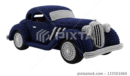 A beautiful vintage sports coupe crafted entirely from crochet displays intricate details. The dark blue car has silver accents and showcases fine artistry in every stitch. 133501069