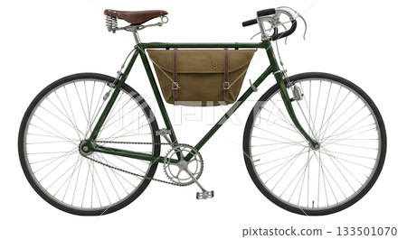A classic dark green diamond frame bicycle stands out with simple geometry, featuring rod actuated caliper brakes and a stylish brown bag attached to its frame. A classic dark green diamond frame bicycle stands out with simple geometry, featuring rod actuated caliper brakes and a stylish brown bag attached to its frame. 133501070