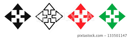 Set of colorful arrow icons. Showing four direction signs for navigation and cursor movement. Vector symbols of arrows pointing up down left and right designed for interface use and direction guidance Set of colorful arrow icons. Showing four direction signs for navigation and cursor movement. Vector symbols of arrows pointing up down left and right designed for interface use and direction guidance 133501147