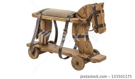 This vintage wooden hobby horse features a classic design with push-powered wheels. Its early 20th-century craftsmanship highlights the joy of children's play in a simpler time. 133501175