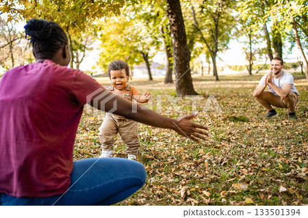 Joyful moments of a family enjoying a sunny autumn day in the park 133501394