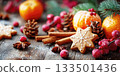 Christmas Scene with Mandarins, Cookies, Spices and Berries. 133501436