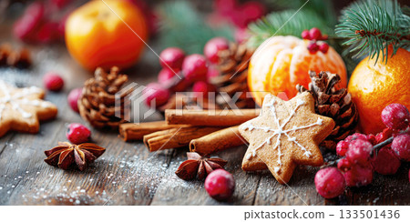 Christmas Scene with Mandarins, Cookies, Spices and Berries. 133501436