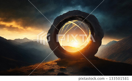 岩石中開啟了一扇神秘的圓形大門和一道光球 / 一幅奇幻的景象，彷彿通往另一個世界的入口 133501581