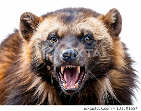 The image shows a close-up of a wolverine, a predatory mammal from the mustelid family 133501654