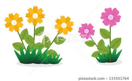 Yellow and pink flowers illustration with green leaves collection Yellow and pink flowers illustration with green leaves collection 133501764