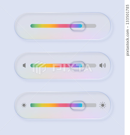 Liquid glass of ui elements showing volume and brightness settings. Concept for application interface. Vector Liquid glass of ui elements showing volume and brightness settings. Concept for application interface. Vector 133501785