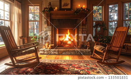 Rocking chair and a warm, flaming fireplace Rocking chair and a warm, flaming fireplace 133501831