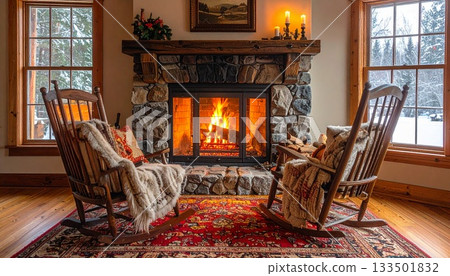 Rocking chair and a warm, flaming fireplace 133501832