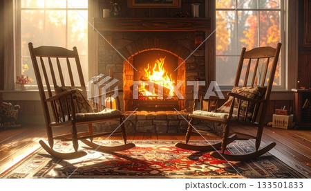 Rocking chair and a warm, flaming fireplace Rocking chair and a warm, flaming fireplace 133501833