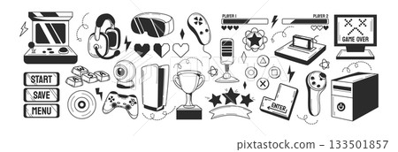 Hand drawn video game doodle set, arcade play elements, computer gaming items Hand drawn video game doodle set, arcade play elements, computer gaming items 133501857