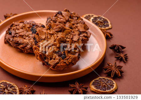 Chocolate chip cookies with caramelized nuts, a healthy sweet snack. Nut cookies 133501929