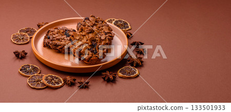 Chocolate chip cookies with caramelized nuts, a healthy sweet snack. Nut cookies 133501933