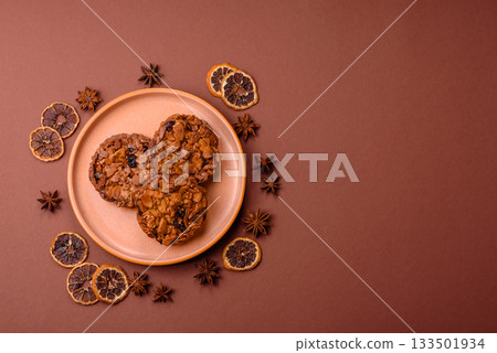 Chocolate chip cookies with caramelized nuts, a healthy sweet snack. Nut cookies Chocolate chip cookies with caramelized nuts, a healthy sweet snack. Nut cookies 133501934