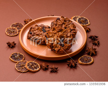 Chocolate chip cookies with caramelized nuts, a healthy sweet snack. Nut cookies Chocolate chip cookies with caramelized nuts, a healthy sweet snack. Nut cookies 133501936