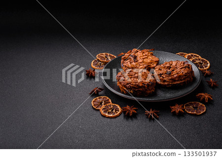 Chocolate chip cookies with caramelized nuts, a healthy sweet snack. Nut cookies 133501937