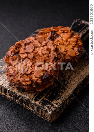 Chocolate chip cookies with caramelized nuts, a healthy sweet snack. Nut cookies 133501960