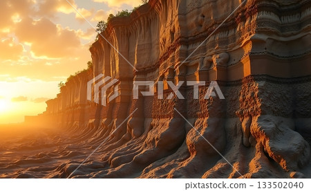 The image shows a large sandstone cliff or canyon at sunset or sunrise The image shows a large sandstone cliff or canyon at sunset or sunrise 133502040
