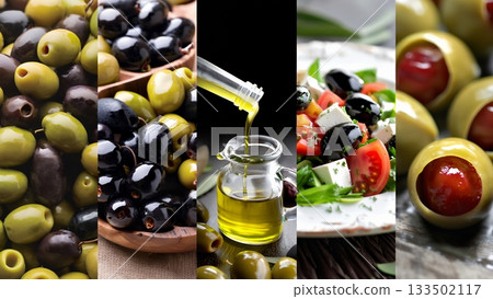 Assorted olives with olive oil and salad on rustic wooden table 133502117