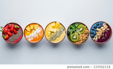 Colorful smoothie bowls with fresh fruits and toppings arranged in a row 133502118
