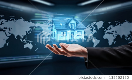 Digital house model displayed in hand with world map background Digital house model displayed in hand with world map background 133502120
