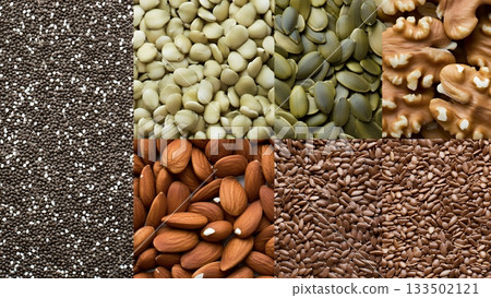Assorted seeds and nuts arranged in a visually appealing collage 133502121