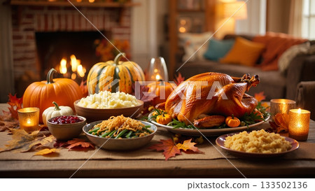 Thanksgiving dinner table with roasted turkey and autumn decorations Thanksgiving dinner table with roasted turkey and autumn decorations 133502136