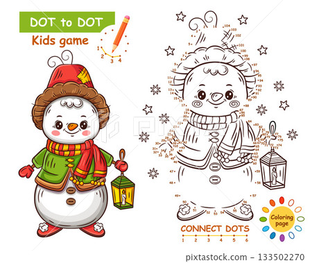 Cute snowman, connect dots number children education math puzzle game. Winter ice snow man from snowball character. Draw picture join dotted line. Coloring book page. Kid logical learning task vector Cute snowman, connect dots number children education math puzzle game. Winter ice snow man from snowball character. Draw picture join dotted line. Coloring book page. Kid logical learning task vector 133502270