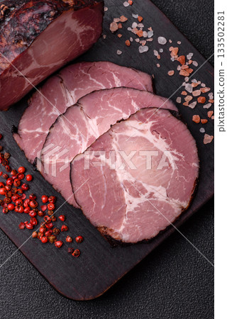 Ham, a meat cooked and sliced for sandwiches or Christmas table. Ham slices Ham, a meat cooked and sliced for sandwiches or Christmas table. Ham slices 133502281
