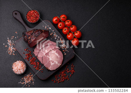 Ham, a meat cooked and sliced for sandwiches or Christmas table. Ham slices 133502284