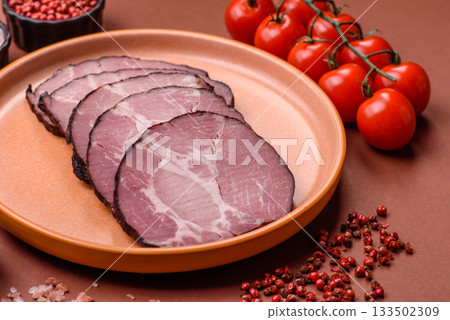 Ham, a meat cooked and sliced for sandwiches or Christmas table. Ham slices 133502309