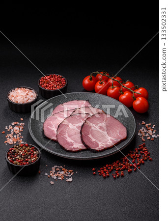 Ham, a meat cooked and sliced for sandwiches or Christmas table. Ham slices 133502331