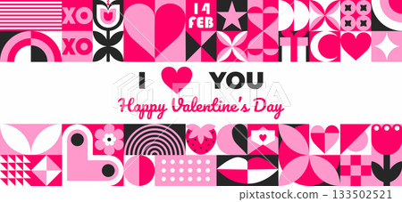 Happy Valentines day geometric abstract background with with hearts, flowers and simple forms. Trendy horizontal vector illustration for banner, poster, cover, wrapping, social media. Neo geo style. Happy Valentines day geometric abstract background with with hearts, flowers and simple forms. Trendy horizontal vector illustration for banner, poster, cover, wrapping, social media. Neo geo style. 133502521