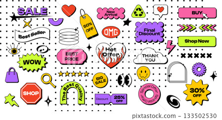 Set of trendy sale stickers and elements for business. Neobrutalism graphic shapes for a store sale, online promotion, social media posts, UI UX design. Modern Y2K vector elements with editable stroke Set of trendy sale stickers and elements for business. Neobrutalism graphic shapes for a store sale, online promotion, social media posts, UI UX design. Modern Y2K vector elements with editable stroke 133502530